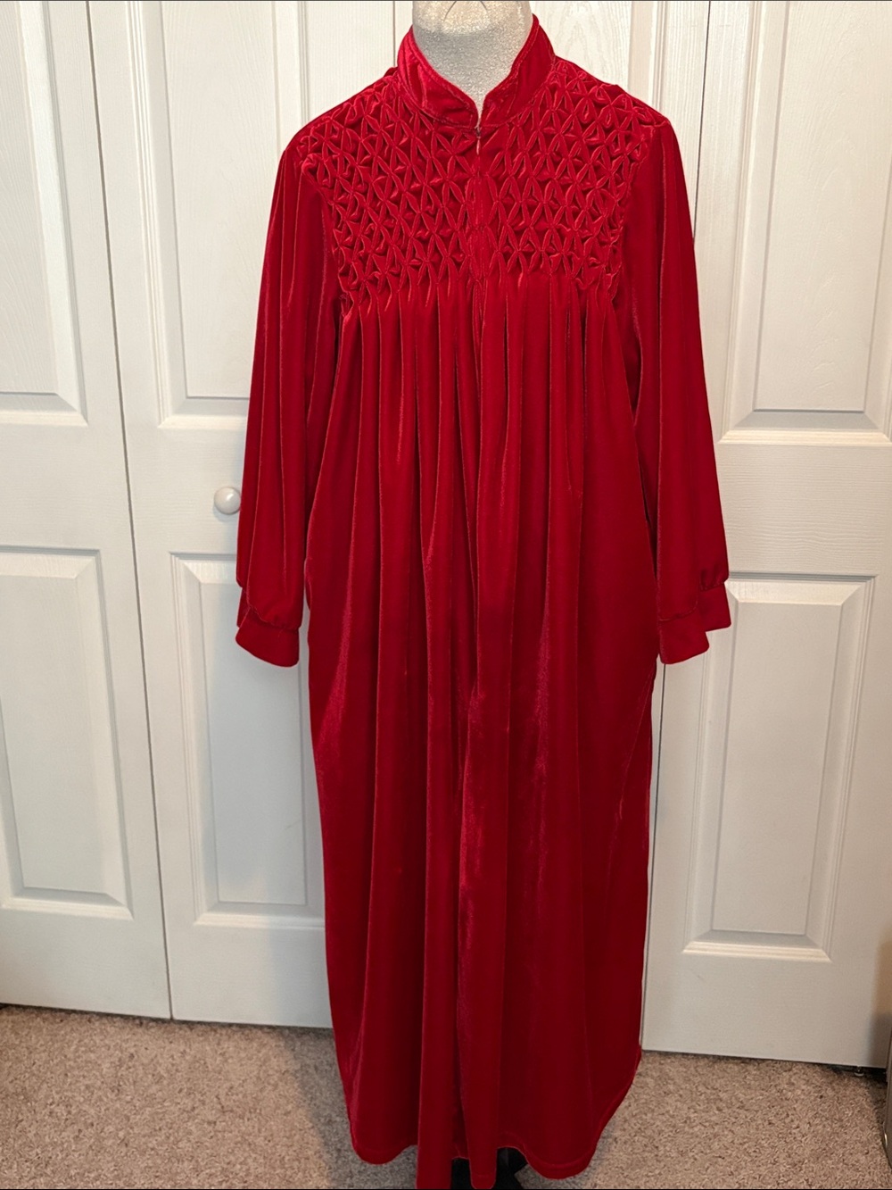 Red Velvet Velour Maxi House Coat with Smocked Yoke and pockets Cozy Christmas